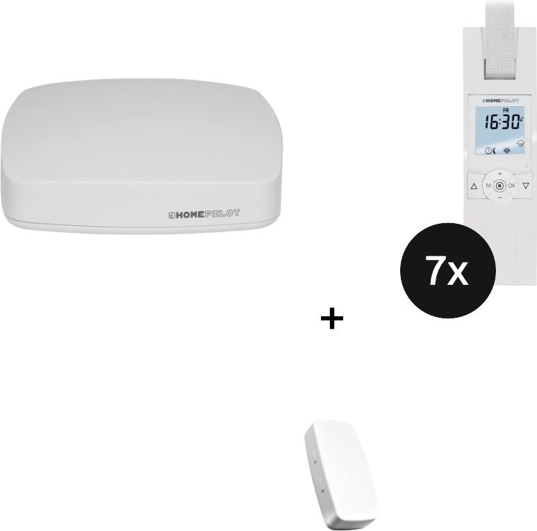 HOMEPILOT Gateway premium + Gurtwickler RolloTron premium smart 7er-Set + Sonnensensor