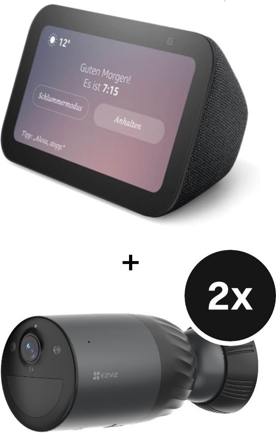 Amazon Echo Show 5 - Neueste Generation + EZVIZ BC1C 4K Pro - Akkubetriebene WLAN-Sicherheitskamera - 2er-Set