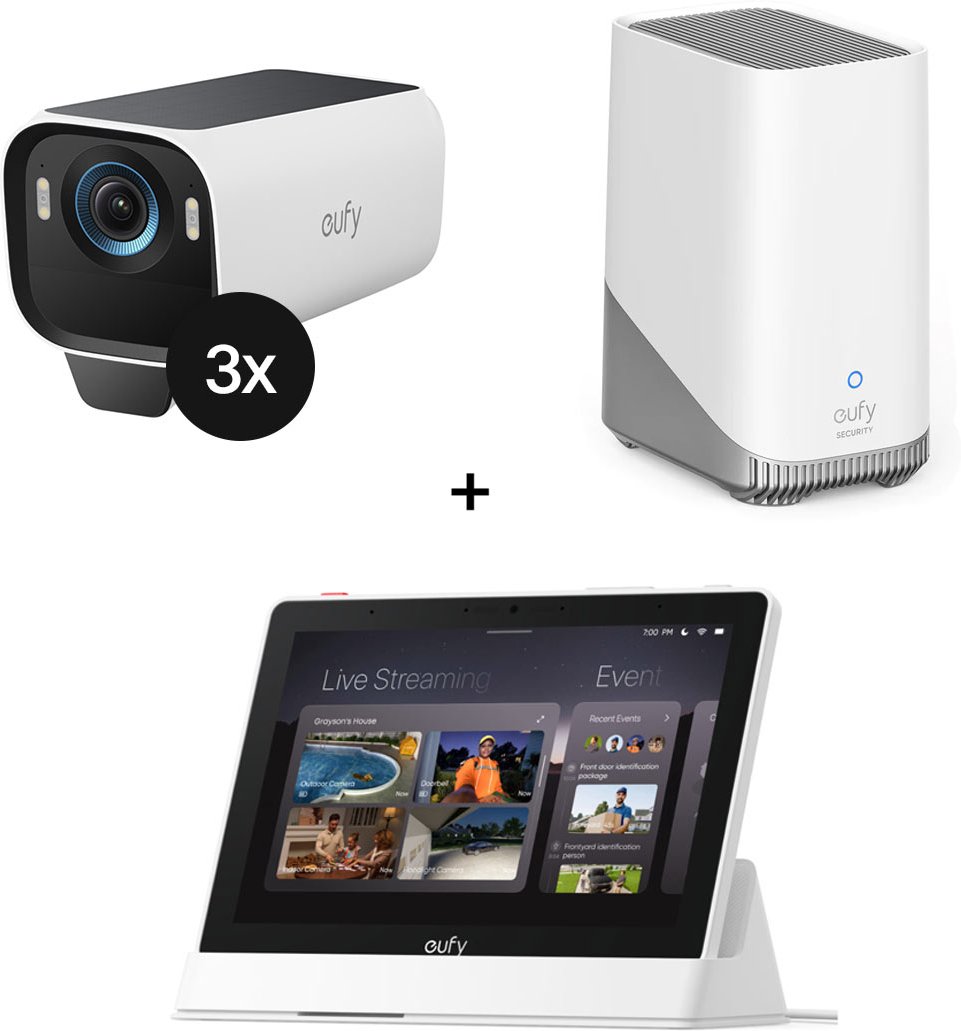 eufyCam S3 Pro Starter-Set 3+1 - 3er-Kameraset mit HomeBase 3 + Smart Display E10