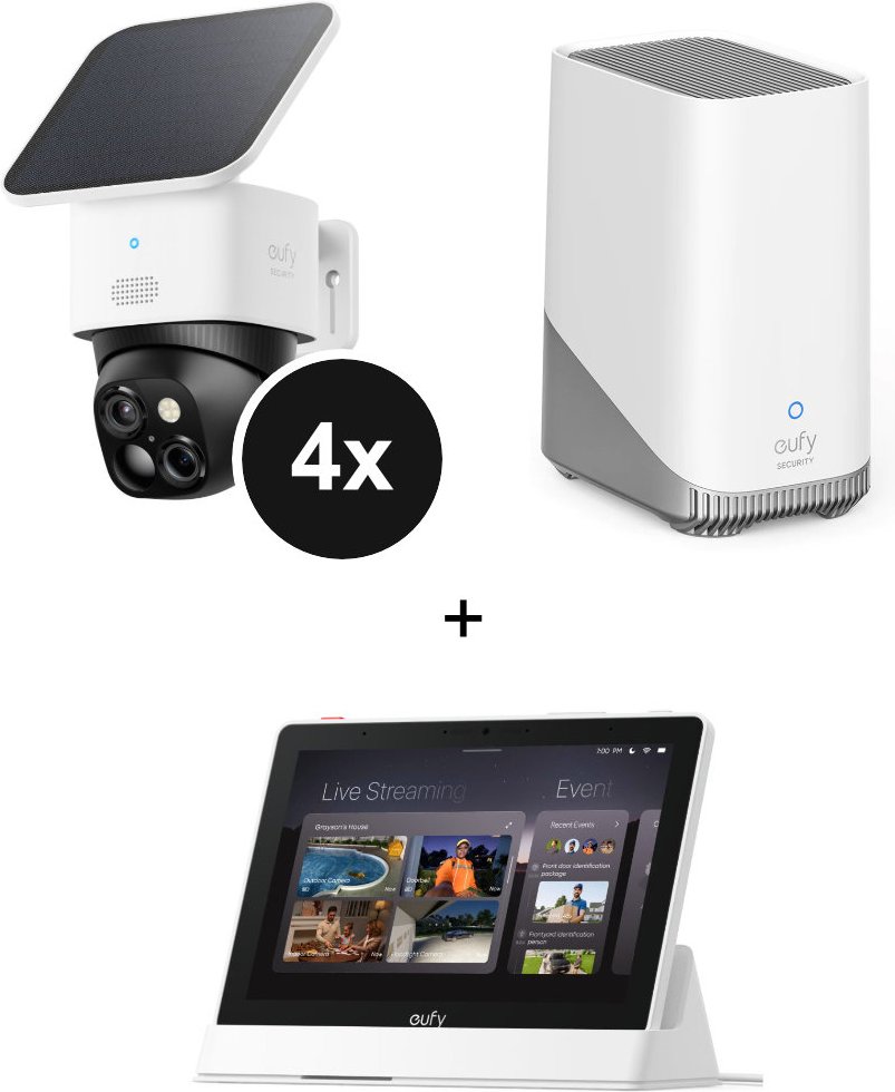 eufy SoloCam S340 - Dual Kamera Schwenk & Neige Outdoor Kamera - 4er-Set + HomeBase 3 + Smart Display E10