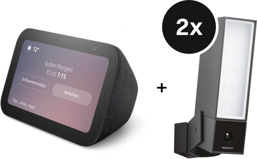 Amazon Echo Show 5 (Gen. 3) + Netatmo Smarte Außenkamera - 2er-Set (+GRATIS Hombli Lichterkette)