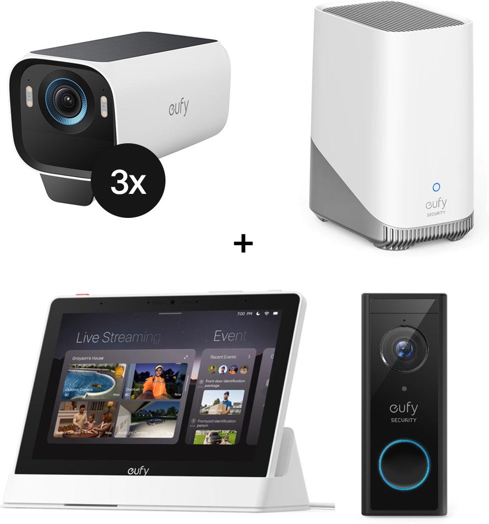 eufyCam S3 Pro Starter-Set 3+1 - 3er-Kameraset mit HomeBase 3 + Video Doorbell 2K + Smart Display E10 (+GRATIS Hombli Li...