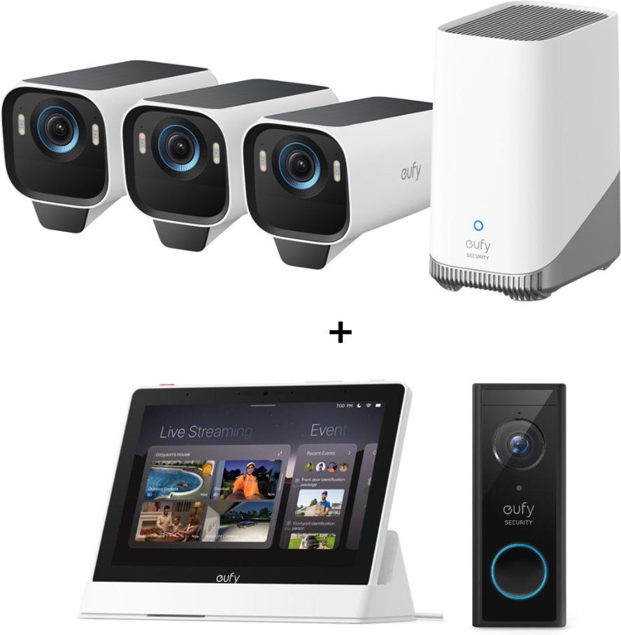 eufyCam S3 Pro Starter-Set 3+1 - 3er-Kameraset mit HomeBase 3 + Video Doorbell 2K + Smart Display E10