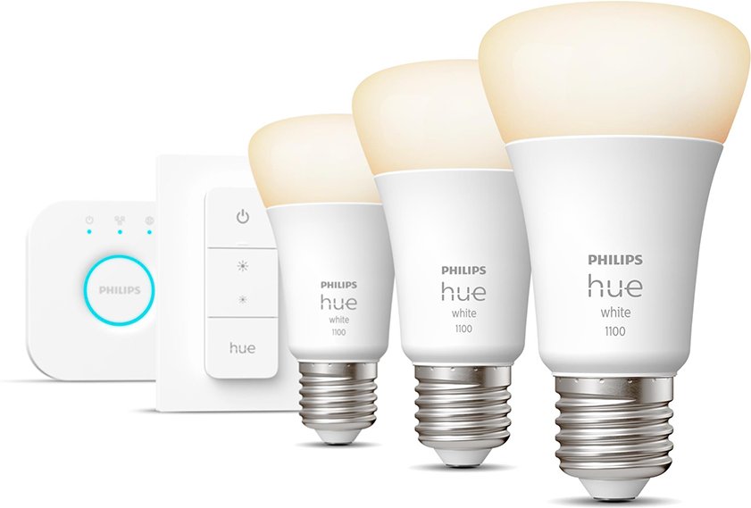 Philips Hue White E27 1100lm Bluetooth Starter Kit - 3 Lampen, Bridge, Dimmschalter - Weiß
