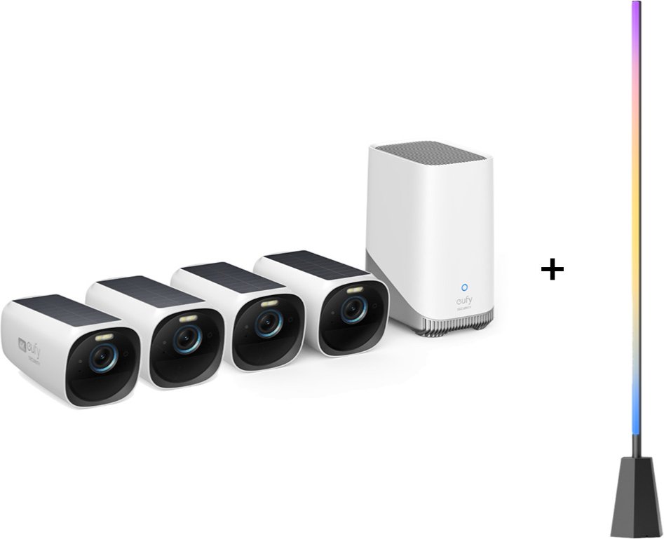 eufyCam 3 Starter Set 4+1 - 4er-Kameraset mit HomeBase 3 + Zimmer Stehlampe E10