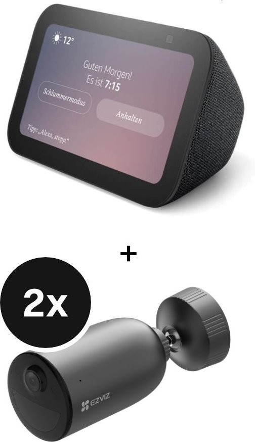 Amazon Echo Show 5 (3. Gen) + EZVIZ EB3 2K - Akkubetriebene WLAN-Sicherheitskamera - 2er-Set