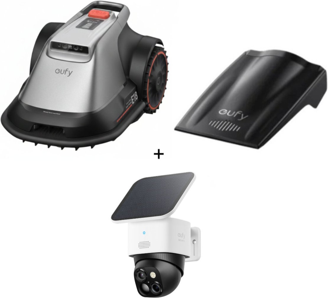 eufy Set - mit Mähroboter E18, bis zu 1.200 m² + gratis Garage + SoloCam S340