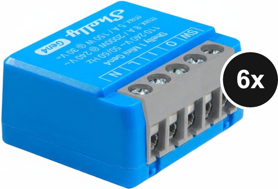 Shelly 1 Mini (Gen. 4) - WLAN 1-Kanal Relais max. 8A - 6er-Set (+12 Monate GRATIS Shelly Premium ab 100€)