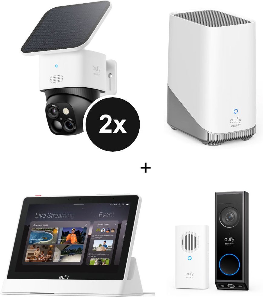 eufy SoloCam S340 - Dual Kamera Schwenk & Neige Outdoor Kamera - 2er-Set + HomeBase 3 + Smart Display E10 + Video Doorbe...