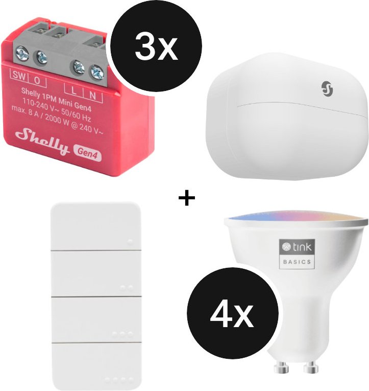 Shelly Starter-Kit Smartes Licht mit Bewegungsmelder + 4x Tink Basics GU10