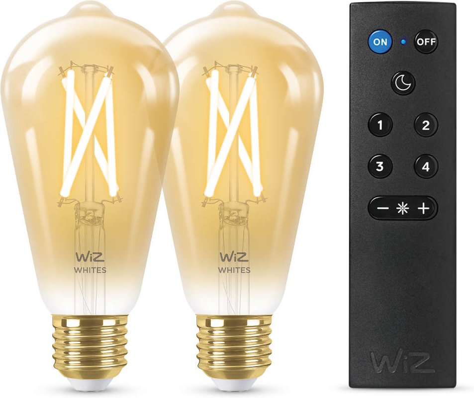 WiZ 50W E27 Edisonform Filament Amber Warm- und Kaltweiß 2er-Pack inkl. Fernbedienung - Weiß
