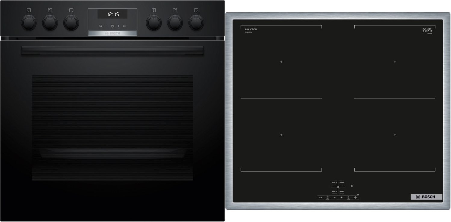 HND617LS67 Herdset mit Induktionskochfeld bestehend aus HEB517BB4 + NVQ645CB6E schwarz + edelstahl