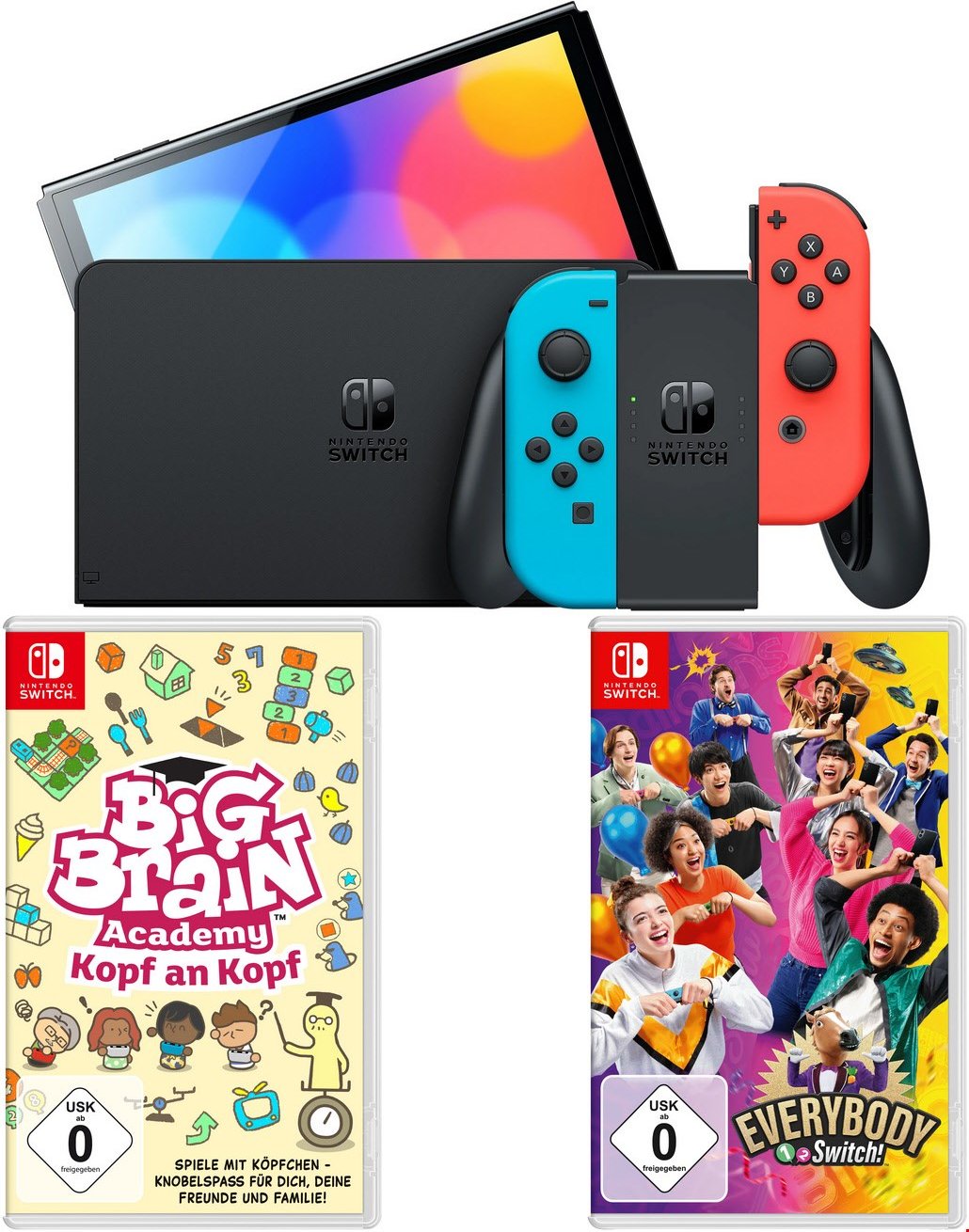 Switch Konsole (OLED-Modell) inkl. Big Brain Academy - Kopf an Kopf + Everybody 1-2 Switch! neon rot/neon blau
