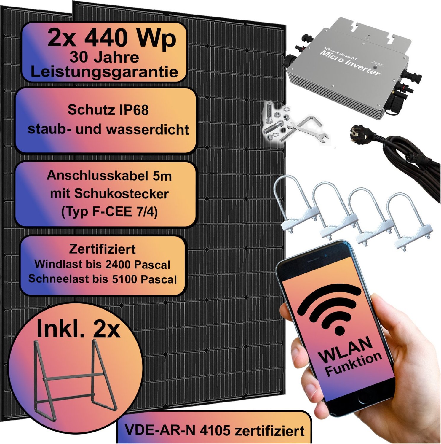 Balkonkraftwerk 800Wp inkl. Montage-Kit schwarz