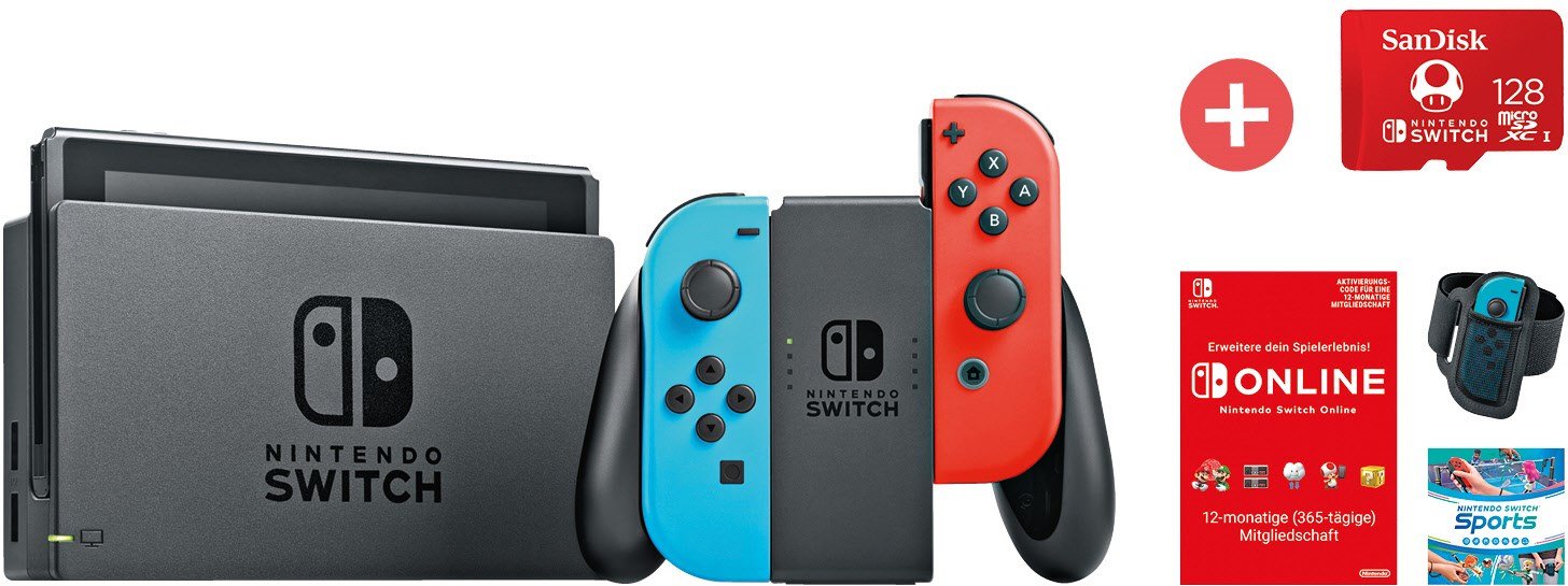 Switch inkl. Switch Sports u. 12 Monate NSO + Dein Geschenk: SanDisk (128GB) Speicherkarte