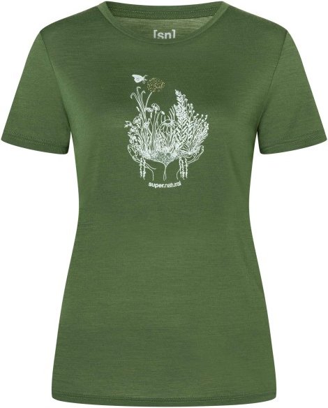 super.natural - Women's Flowerhands Tee - Merinoshirt Gr XL chive / tobacco glitter