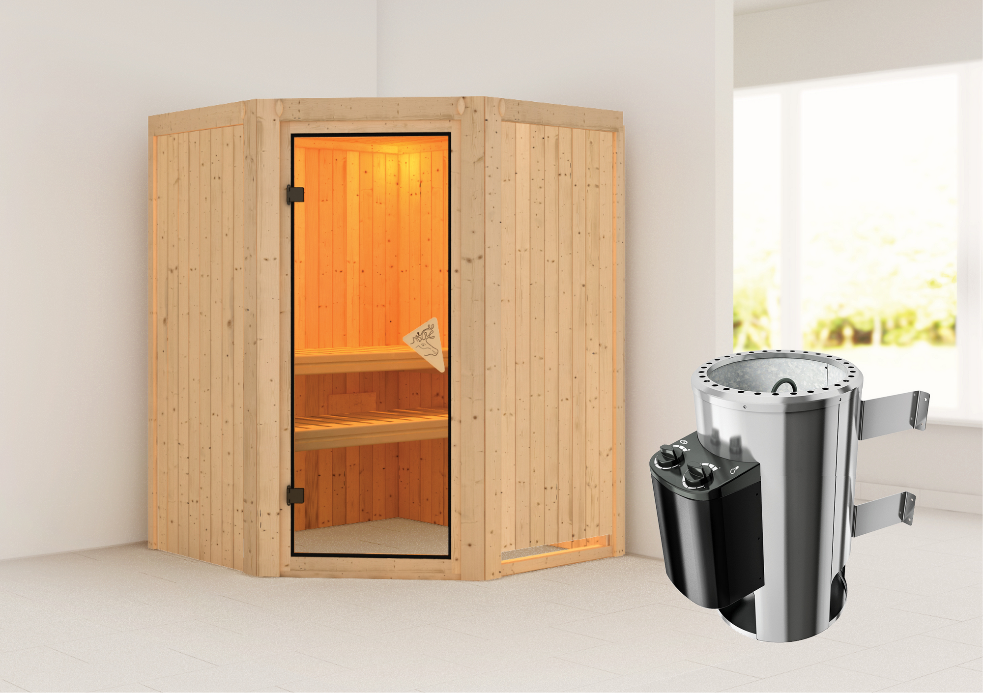 Karibu Elementsauna 'Valeria' naturbelassen mit bronzierter Tür mit 3,6 kW Ofen integrierte Steuerung 151 x 151 x 198 cm