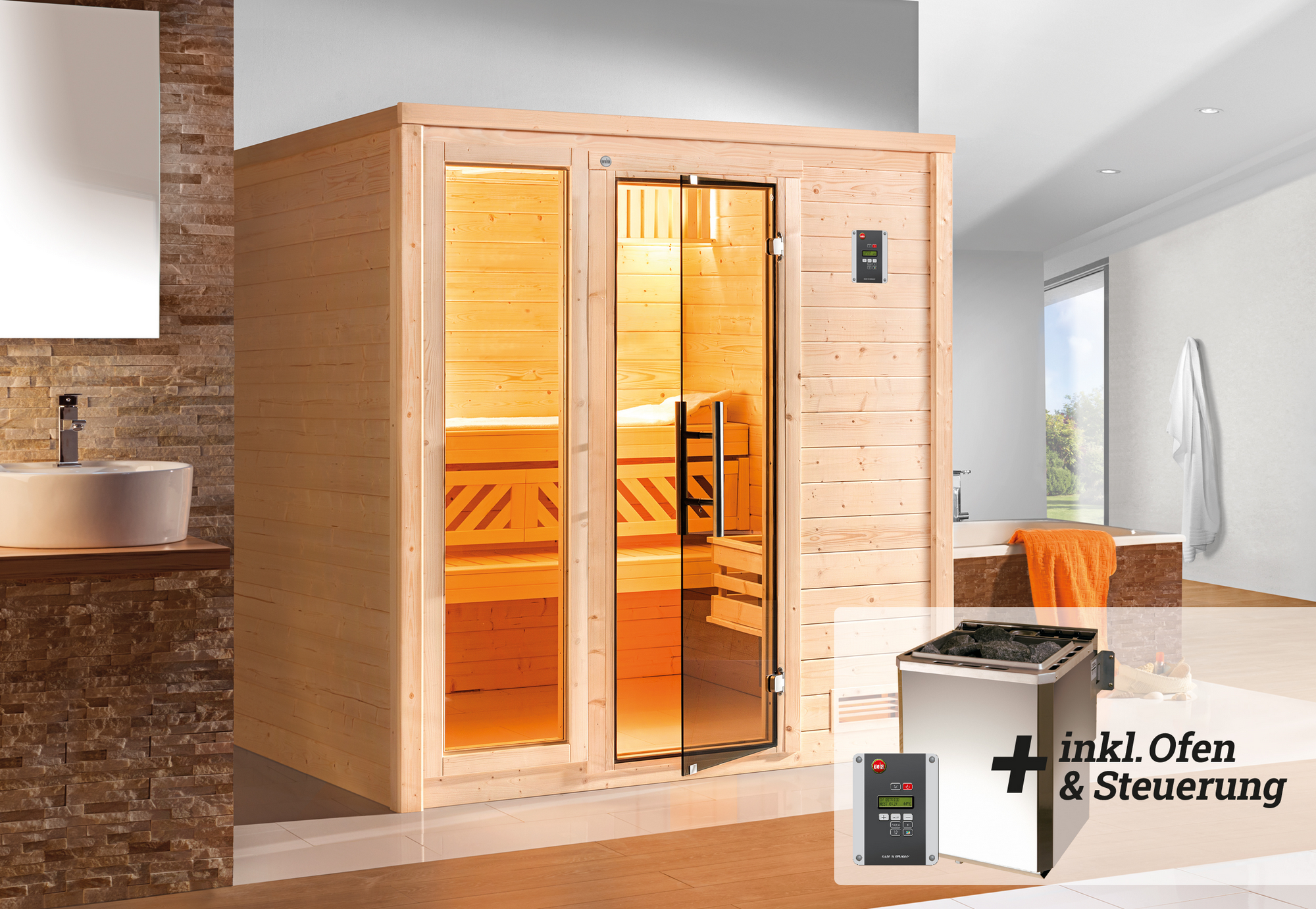 Weka Premium-Massivholzsauna 'Bergen 1' mit 7,5 kW BioS-Ofenset, Steuerung, Glastür, Fenster 188 x 138 x 205 cm