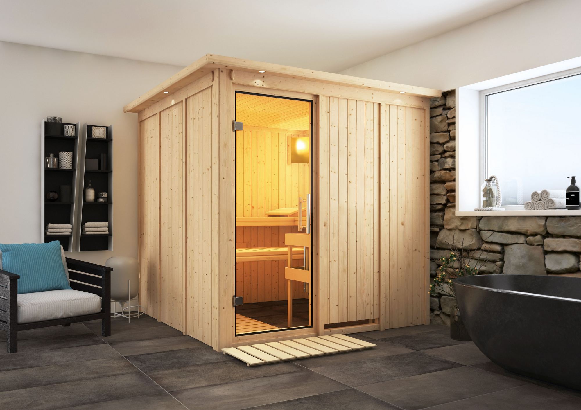 Karibu Elementsauna 'Alesia' naturbelassen mit Kranz und Klarglastür 210 x 210 x 202 cm