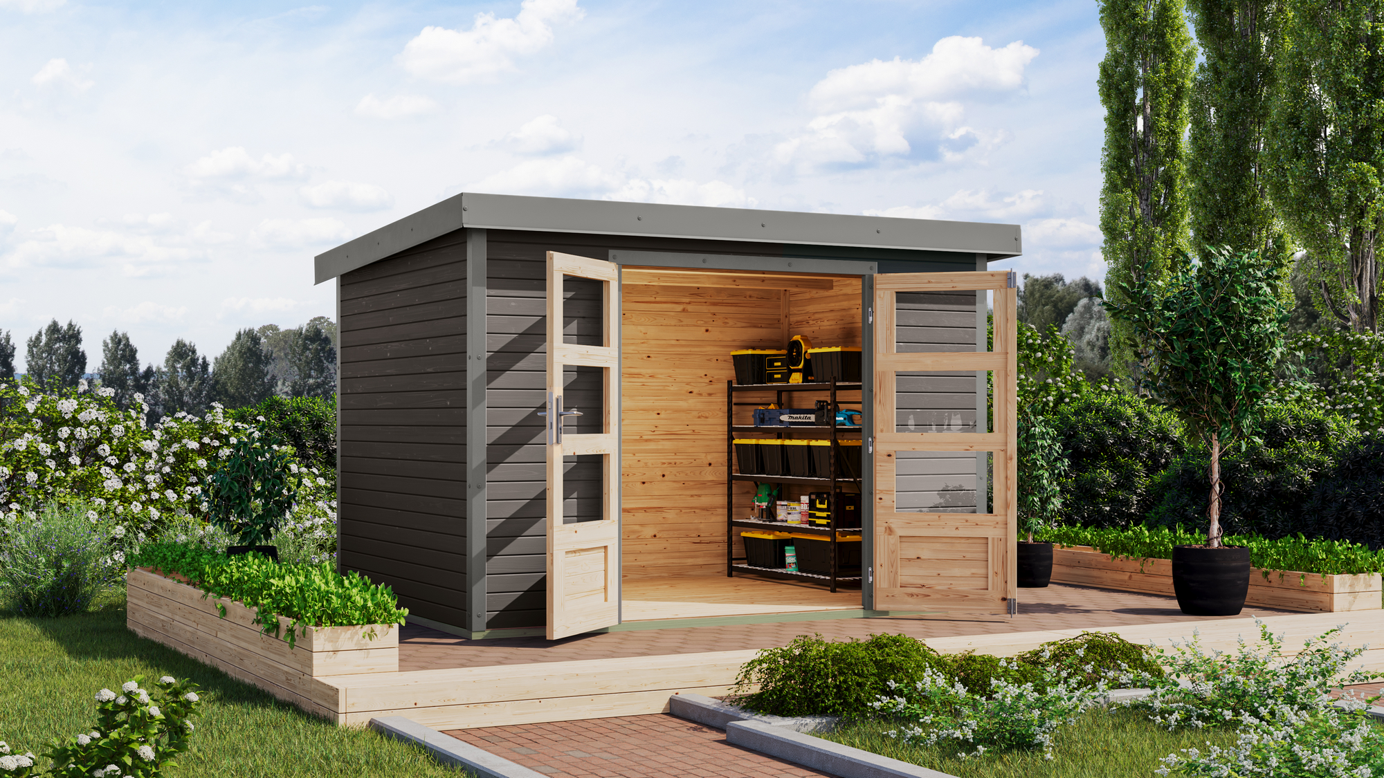 Karibu Gartenhaus 'Komet 4 B' Fichtenholz terragrau / graualuminium 298,5 x 209 x 213,5 cm