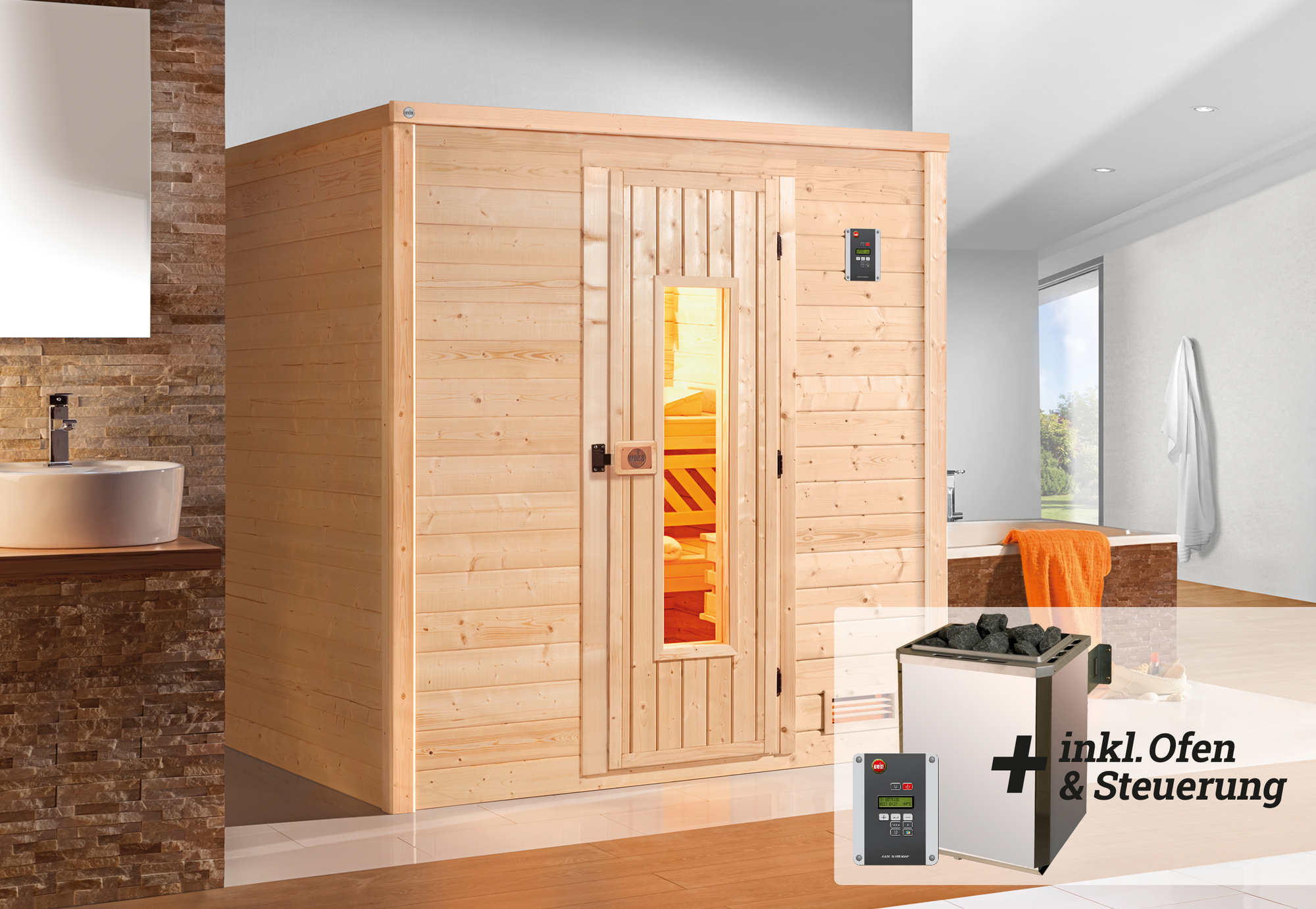 Weka Premium-Massivholzsauna 'Bergen 1.8' mit 7,5 kW OS-Ofenset, Steuerung, Massivholztür 188 x 171 x 205 cm