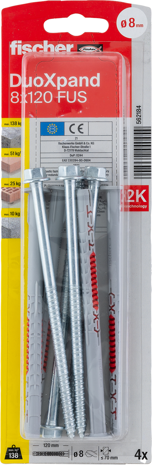 Fischer Langschaftdübel-Set 'DuoXPand' Ø 8 x 120 mm FUS mit Sechskantschraube, 8-teilig