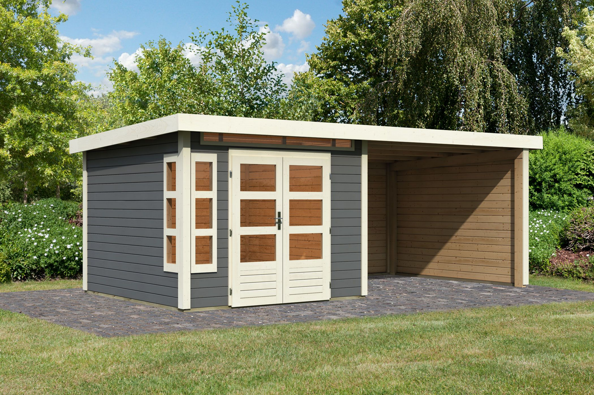 Karibu Gartenhaus-Set 'Mastorf 6' terragrau mit Anbaudach, Rück- und Seitenwand 612 x 222 x 303 cm