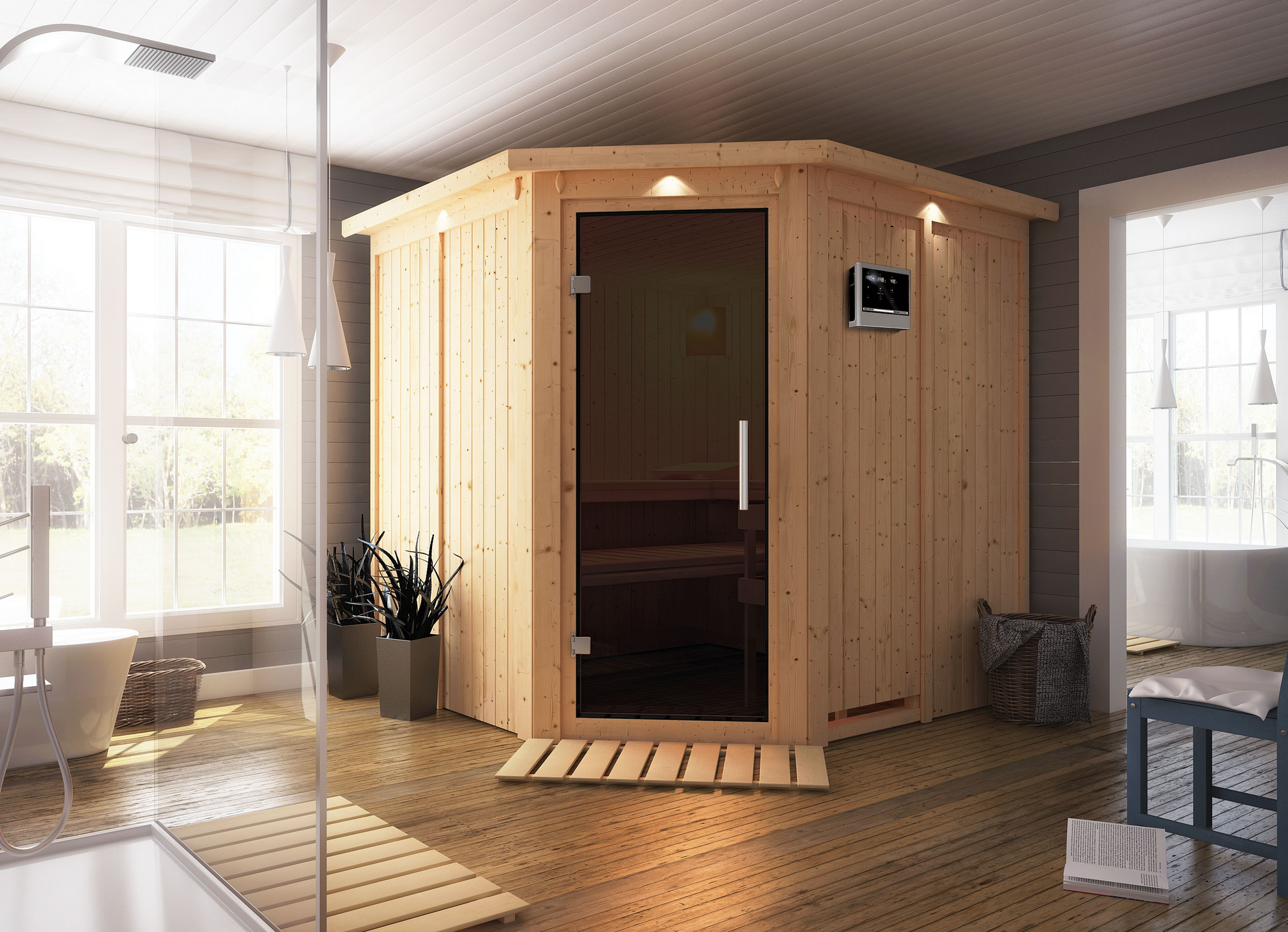 Karibu Elementsauna 'Alicia' naturbelassen mit Kranz und graphitfarbenerr Tür 9 kW Ofen externe Steuerung Easy 210 x 210...
