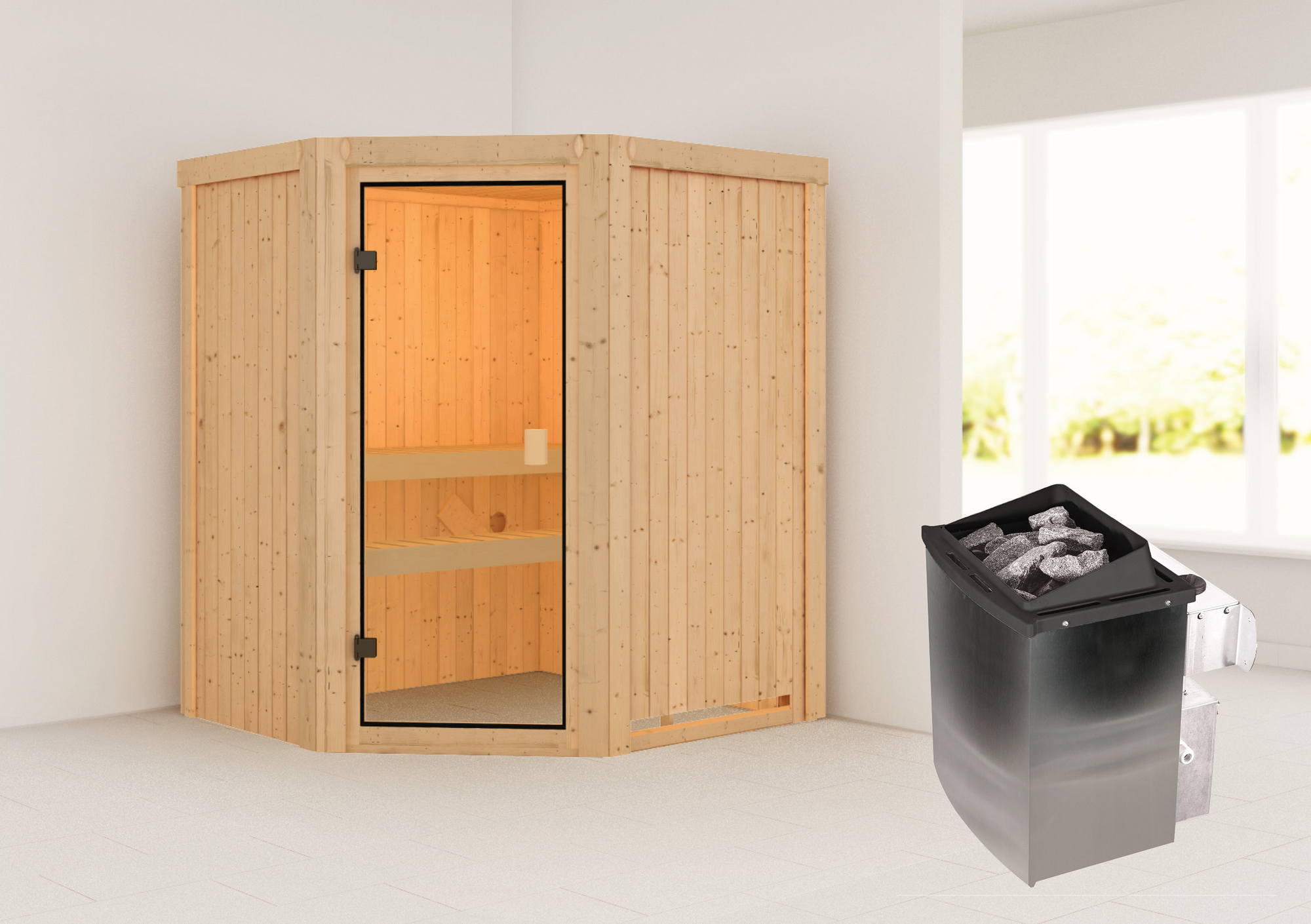 Karibu Elementsauna 'Beatriz' naturbelassen 9 kW Ofen integrierte Steuerung 170 x 151 x 198 cm