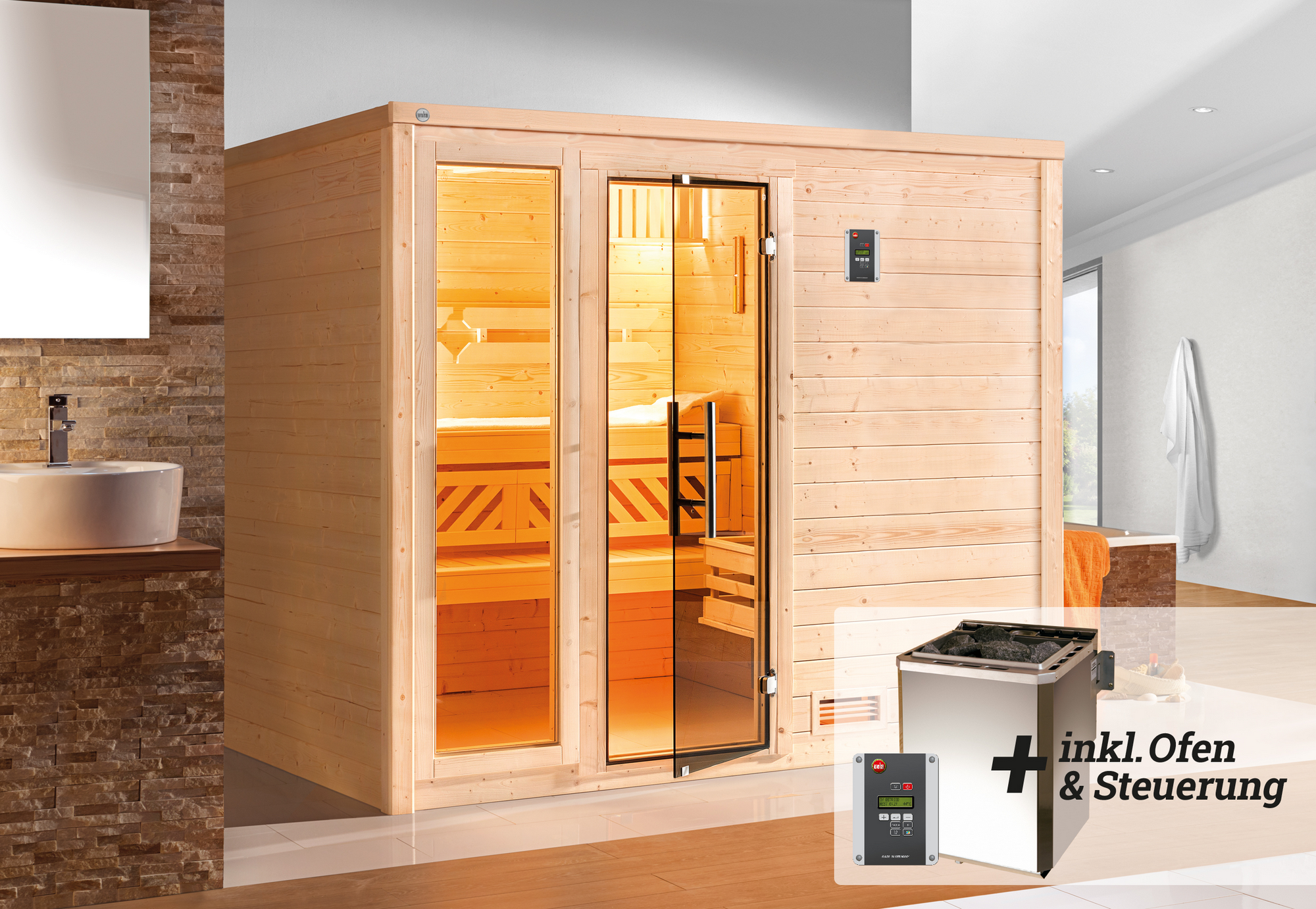 Weka Premium-Massivholzsauna 'Bergen 3' mit 7,5 kW BioS-Ofenset, Steuerung, Glastür, Fenster 238 x 188 x 205 cm