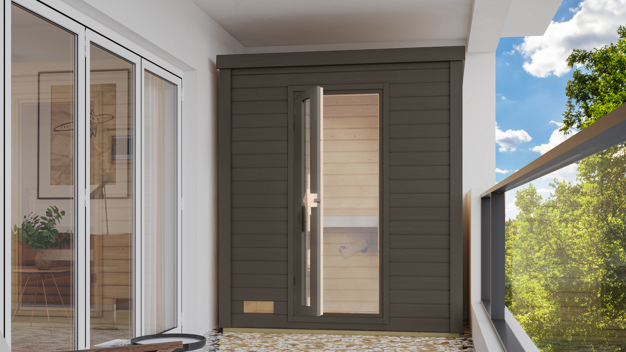 Karibu Saunahaus 'Bosco 0' terragrau 9 kW Ofen integrierte Steuerung 196 x 113 x 228 cm