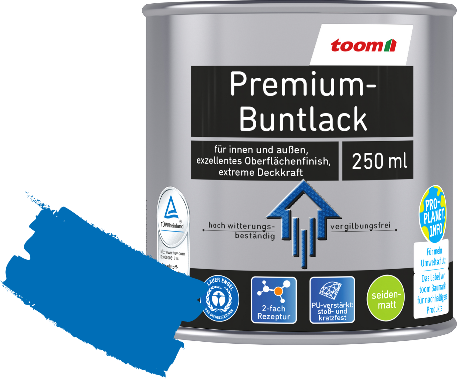 toom Premium-Buntlack pazifikblau seidenmatt 250 ml