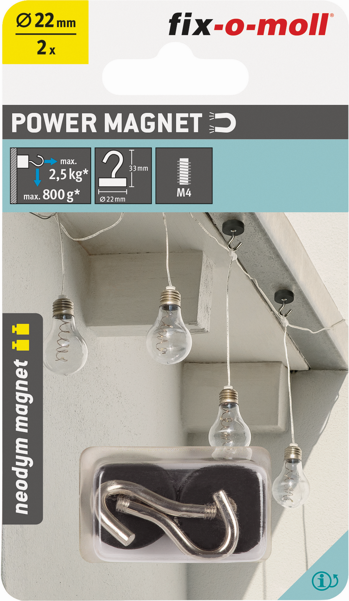 Fix-o-moll Magnethaken 'Neodym' schwarz/silber gummiert Ø22 x 33 mm, 2 Stück