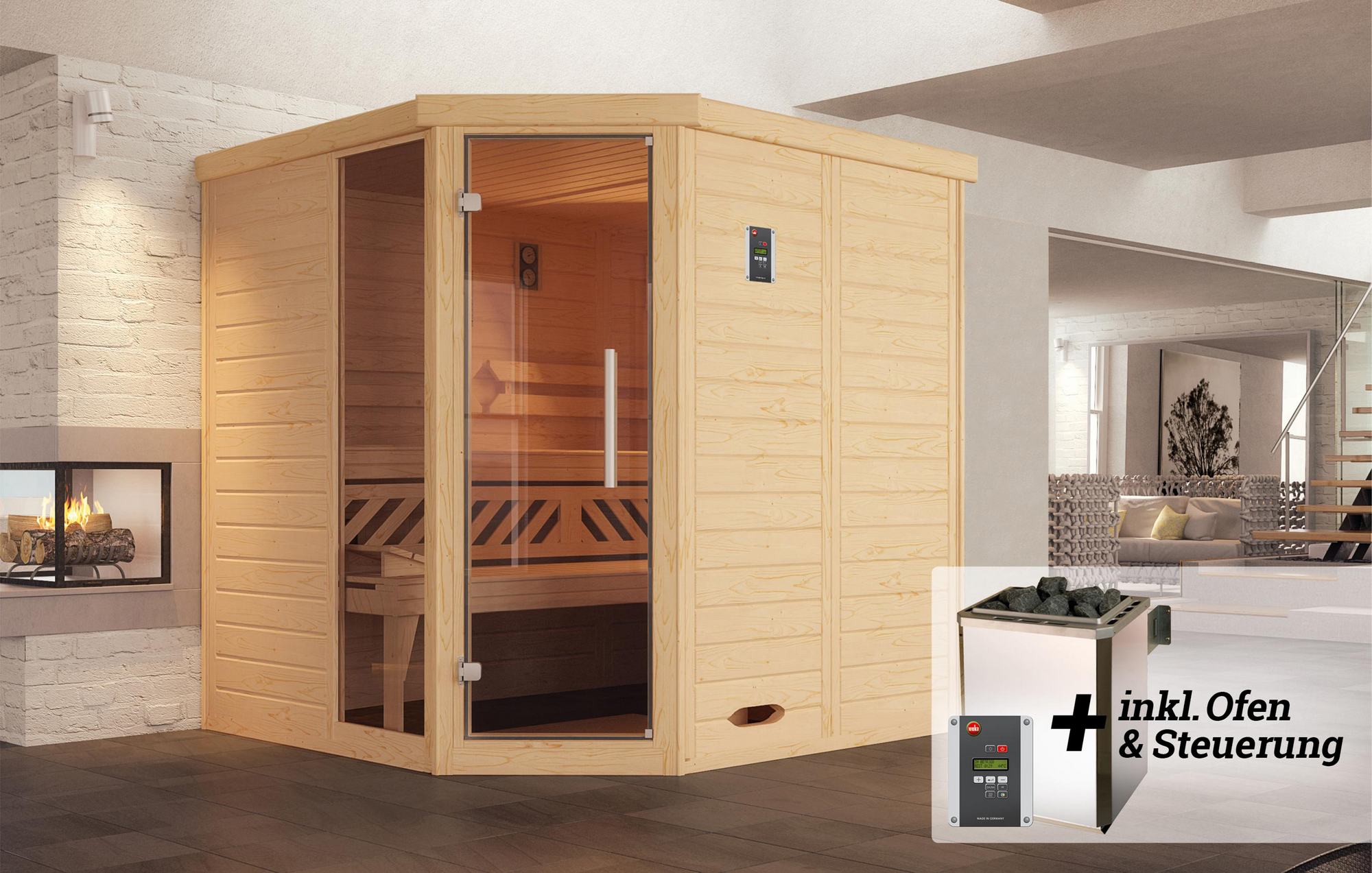 Weka Massivholz-Elementsauna 'Kemi 2 Eck' mit 7,5 kW OS-Ofenset, Steuerung, Glastür, Fenster 188 x 188 x 200 cm