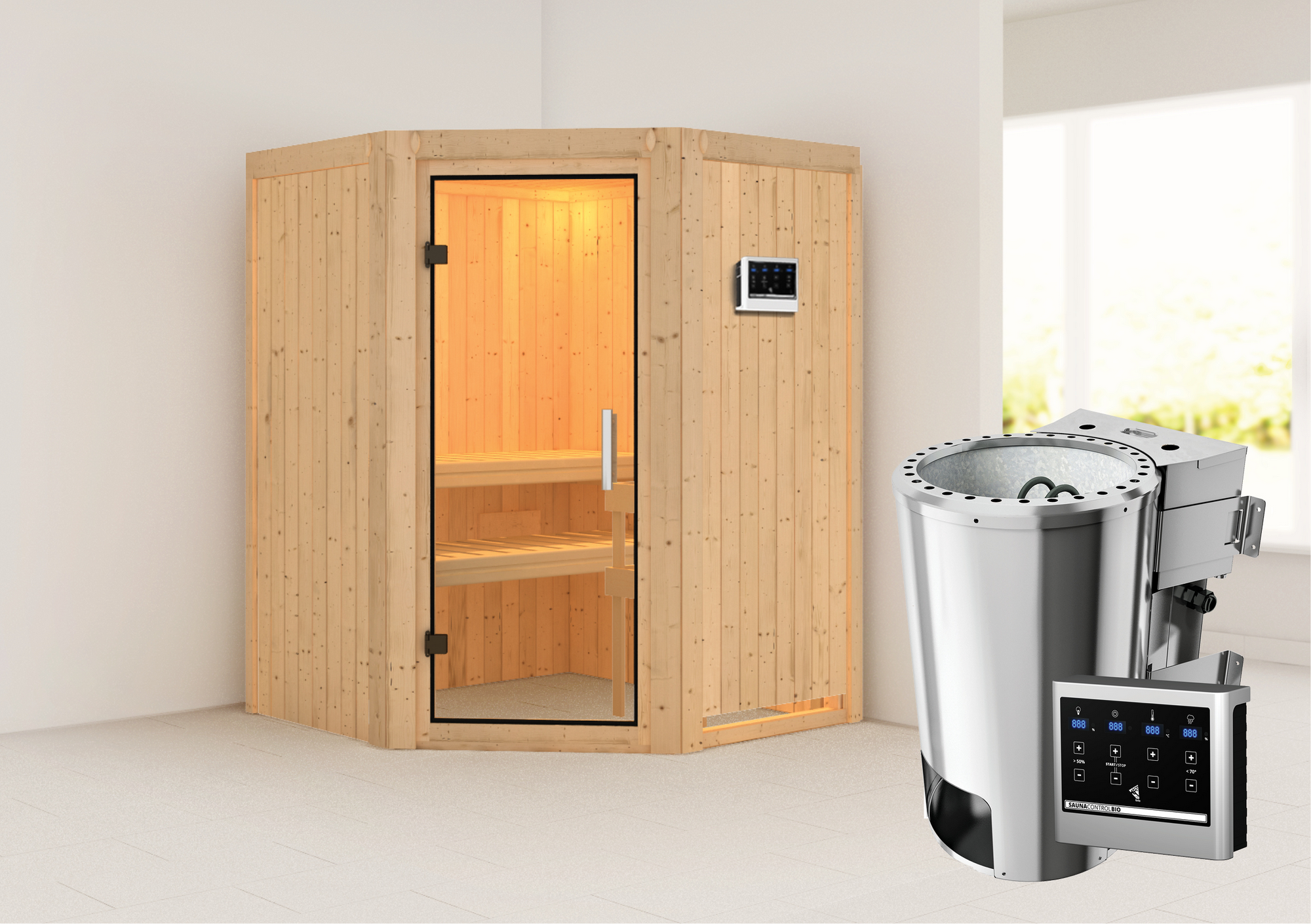 Karibu Elementsauna 'Valeria' naturbelassen mit Klarglastür 3,6 kW Bio-Ofen externe Steuerung Easy 151 x 151 x 198 cm