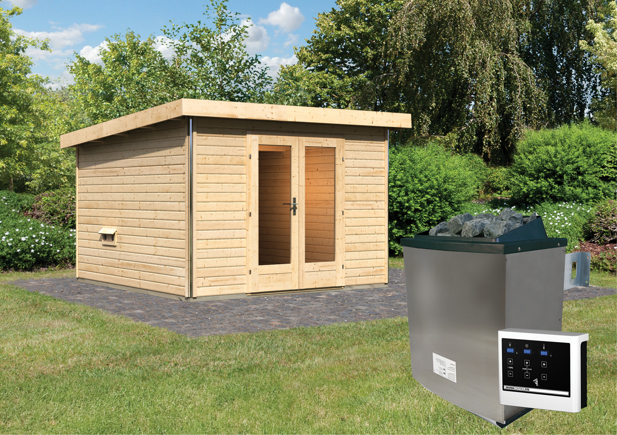 Karibu Saunahaus 'Francisco 1' B naturbelassen 9 kW Ofen externe Steuerung 309 x 309 x 229 cm
