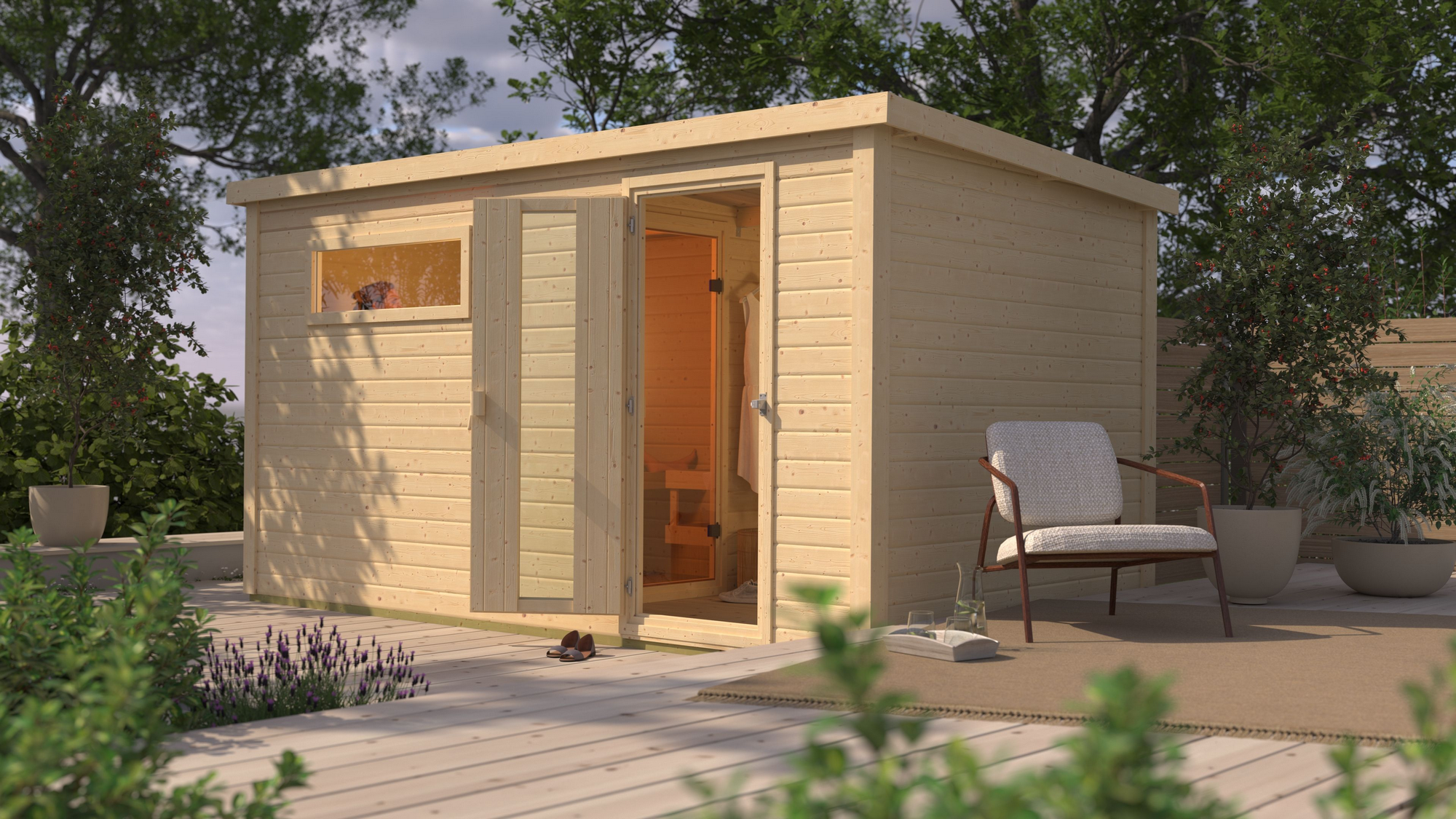 Karibu Saunahaus 'Bosco 6' naturbelassen 9 kW Bio-Ofen externe Steuerung 396 x 231 x 217 cm