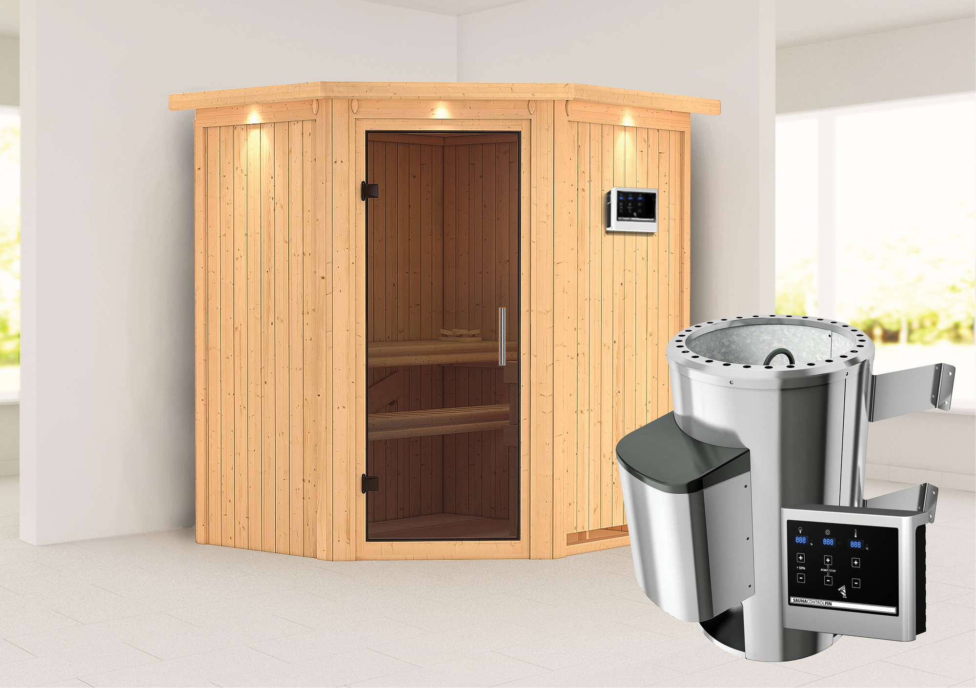 Karibu Elementsauna 'Emma' naturbelassen mit Kranz und graphitfarbener Tür 3,6 kW Ofen externe Steuerung Easy 184 x 165 ...