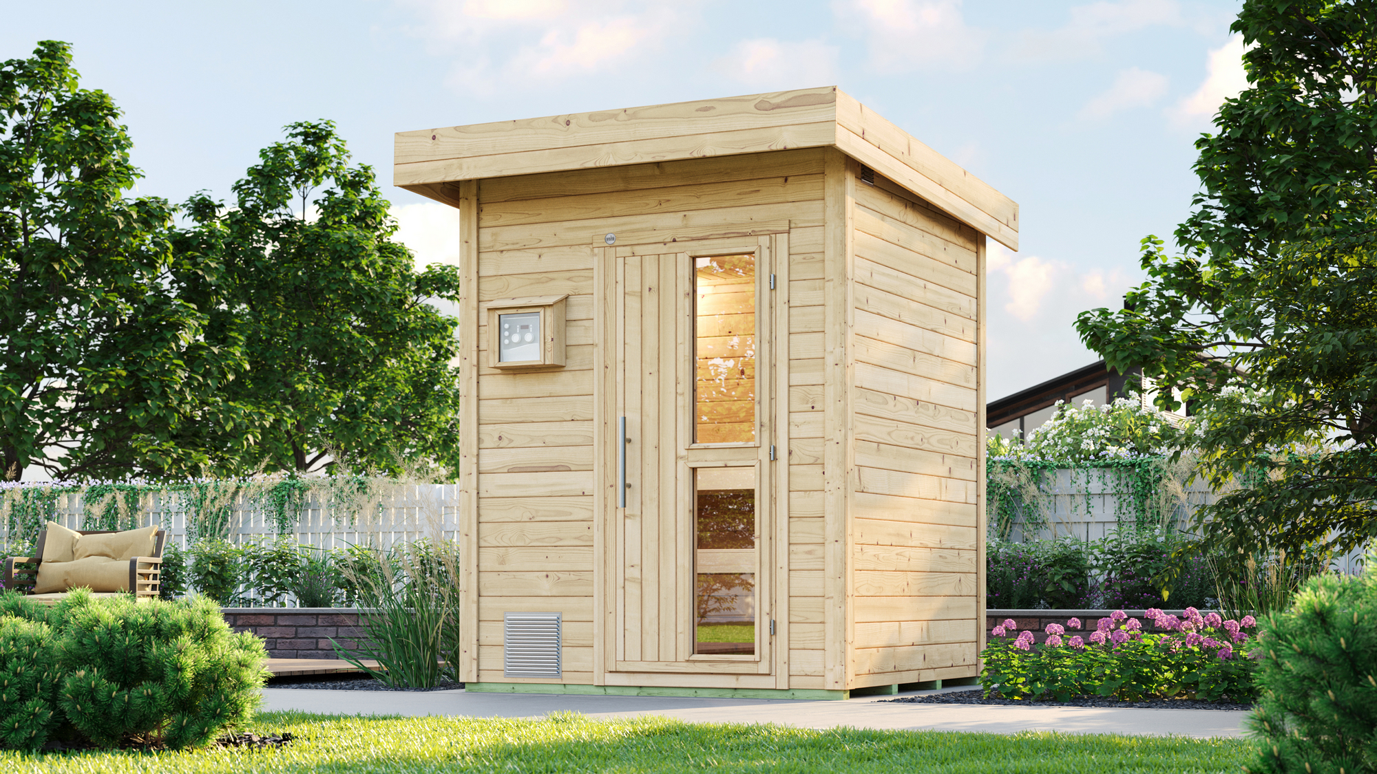 Weka Saunahaus 'Naantali' natur mit 9 kW OS-Ofenset, externe Steuerung 186,6 x 186,6 x 253