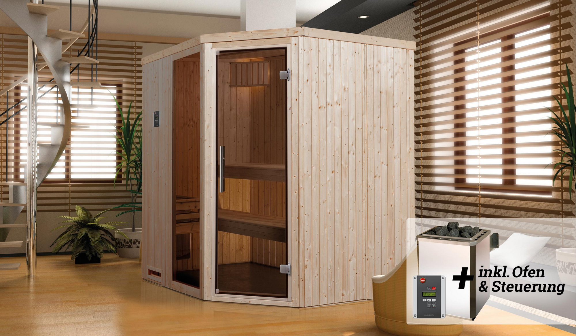 Weka Elementsauna 'Varberg 2' mit 7,5 kW OS-Ofenset, Steuerung, Glastür, Fenster 192 x 175 x 199 cm