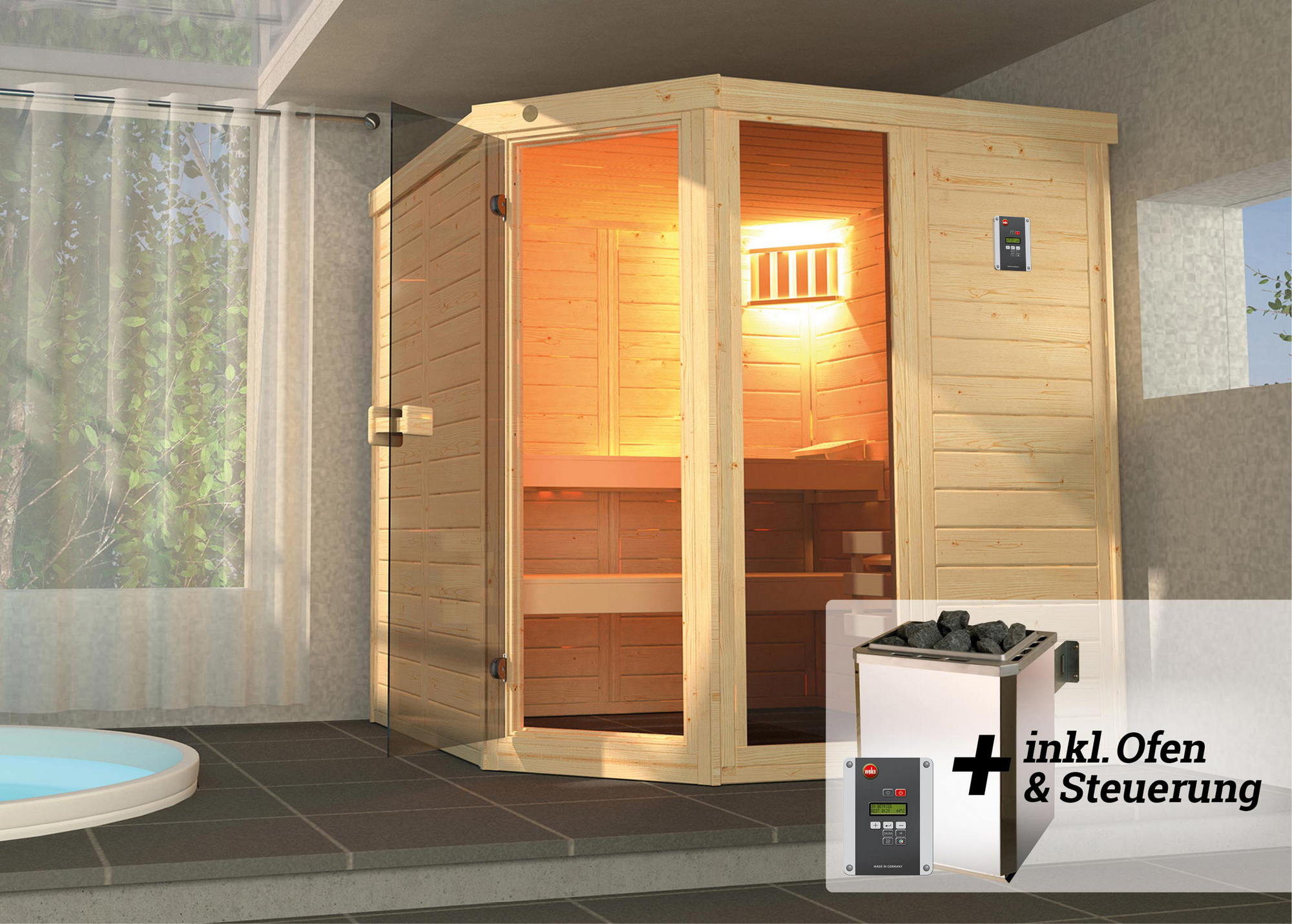 Weka Massivholz-Elementsauna 'Laukkala 2' mit 7,5 kW OS-Ofenset, Steuerung, Glastür, Fenster 186,6 x 138,6 x 200 cm