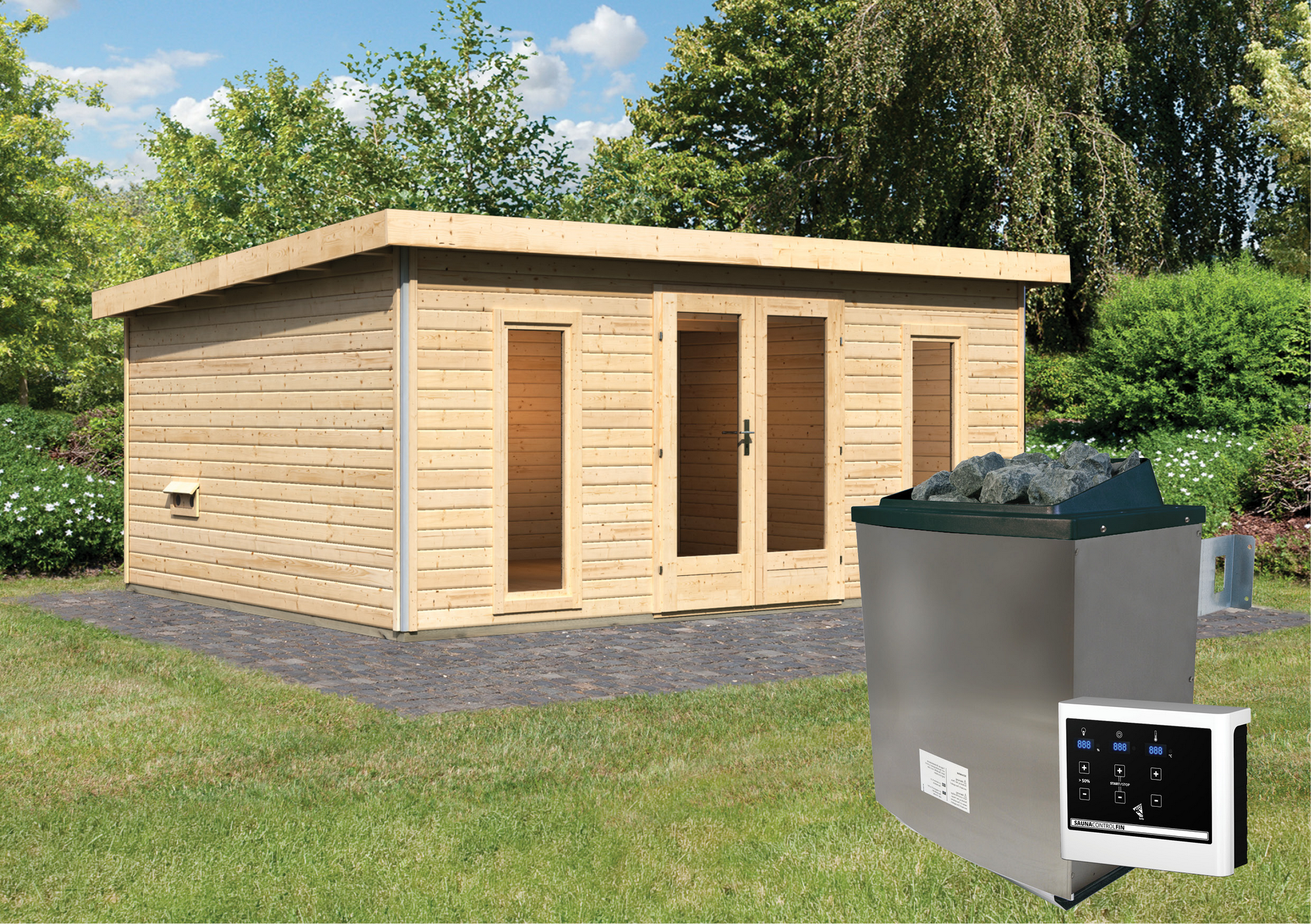 Karibu Saunahaus 'Francisco 4' A naturbelassen 9 kW Ofen externe Steuerung 490 x 369 x 229 cm