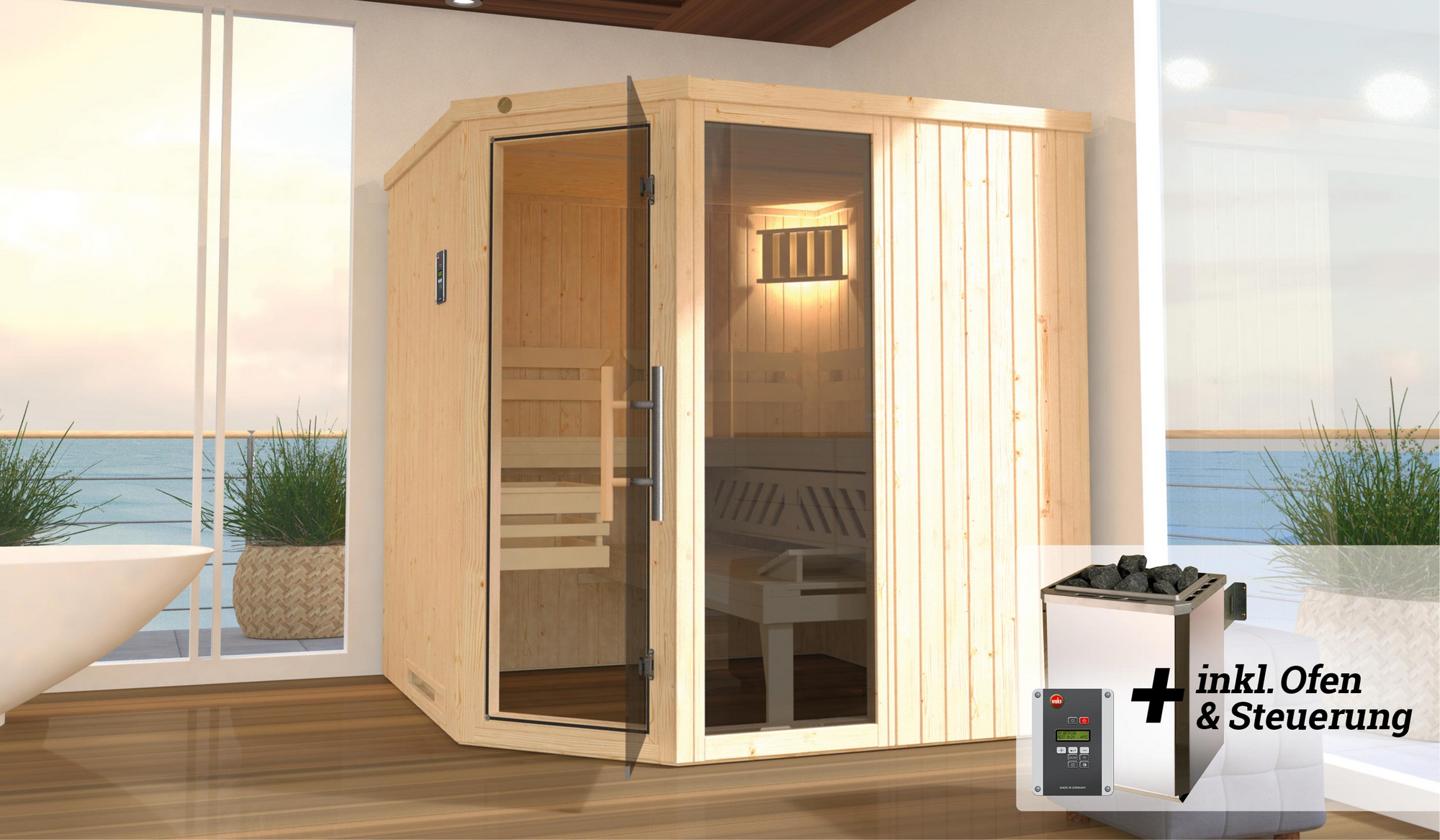 Weka Elementsauna 'Varberg 3' mit 7,5 kW OS-Ofenset, Steuerung, Glastür, Fenster 192 x 192 x 199 cm