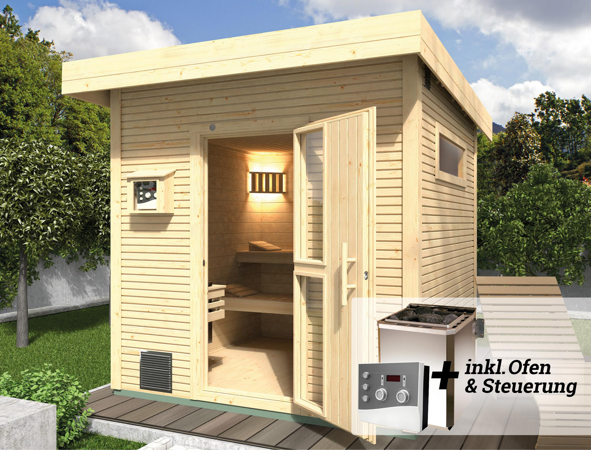 Weka Design-Saunahaus 'Kuopio' natur, mit 9 kW BioS-Ofenset, analoger Steuerung 238 x 238 x 253 cm