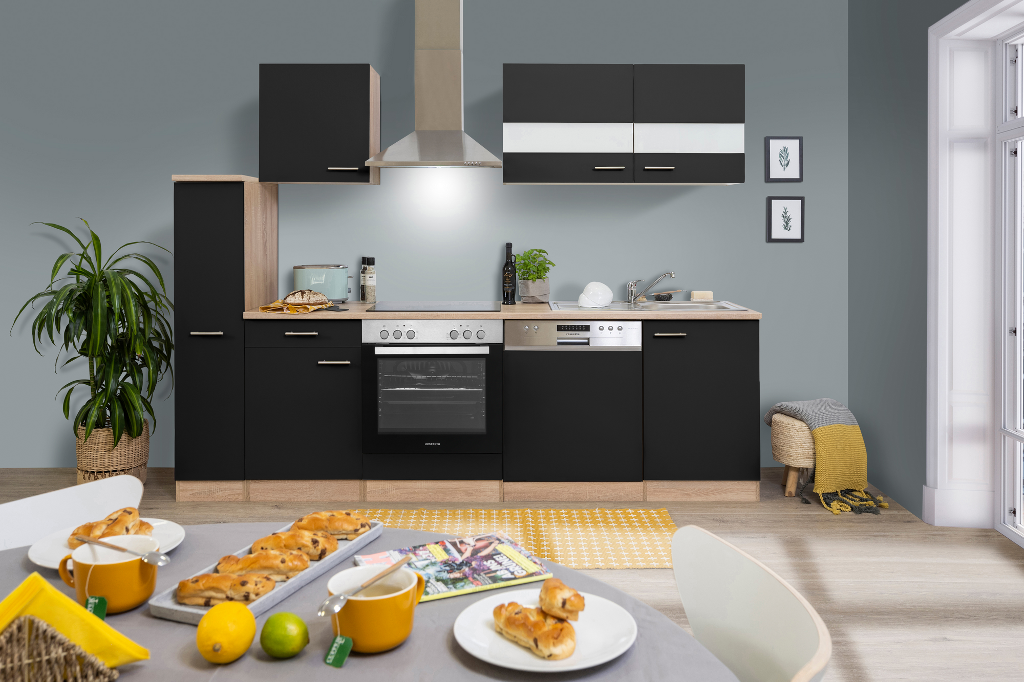 Respekta Küchenzeile 'Merle' mit E-Geräten KB250ESSC schwarz/eichefarben 250 cm