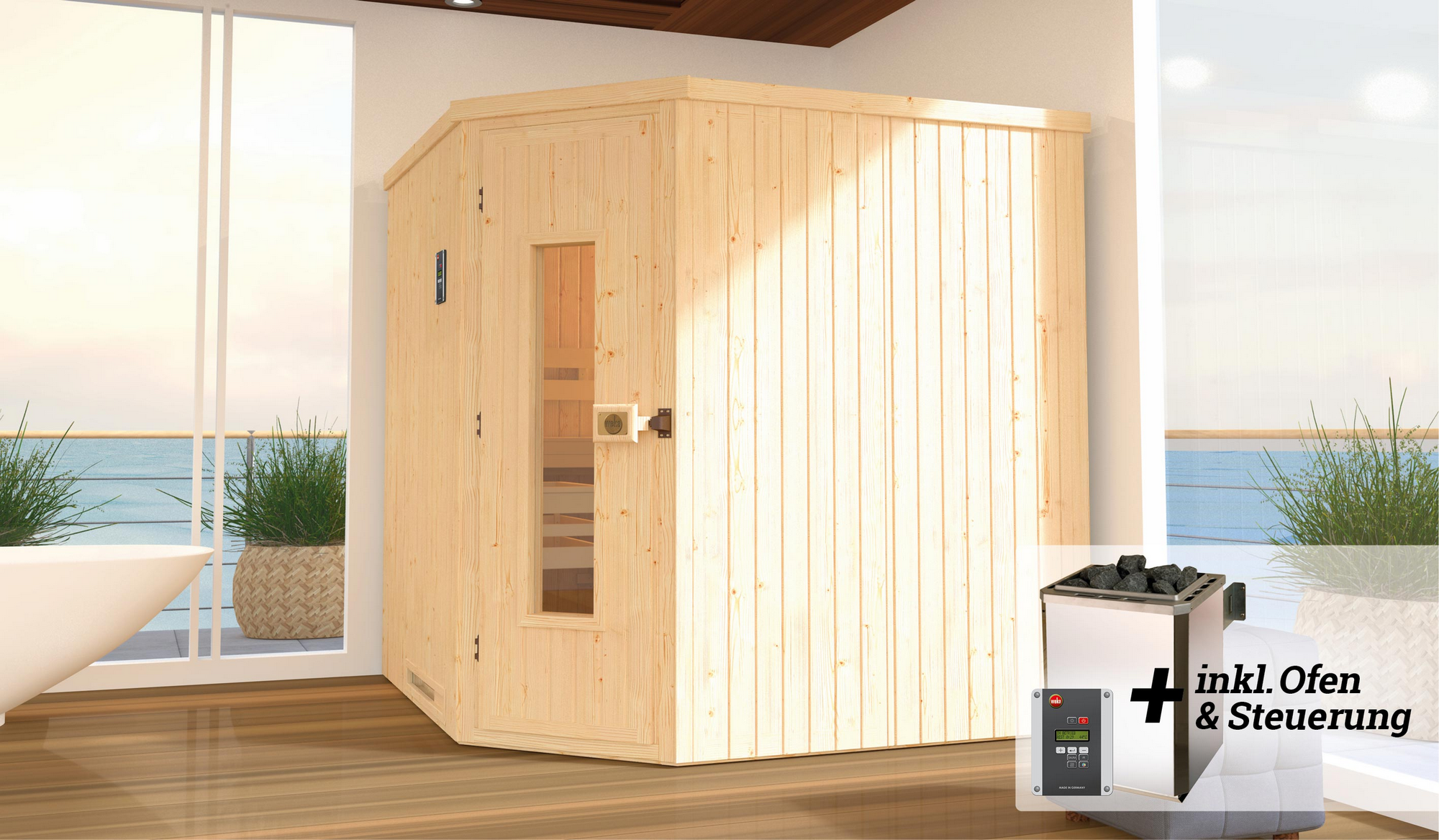 Weka Elementsauna 'Varberg 3' mit 7,5 kW OS-Ofenset, Steuerung und Massivholztür 192 x 192 x 199 cm