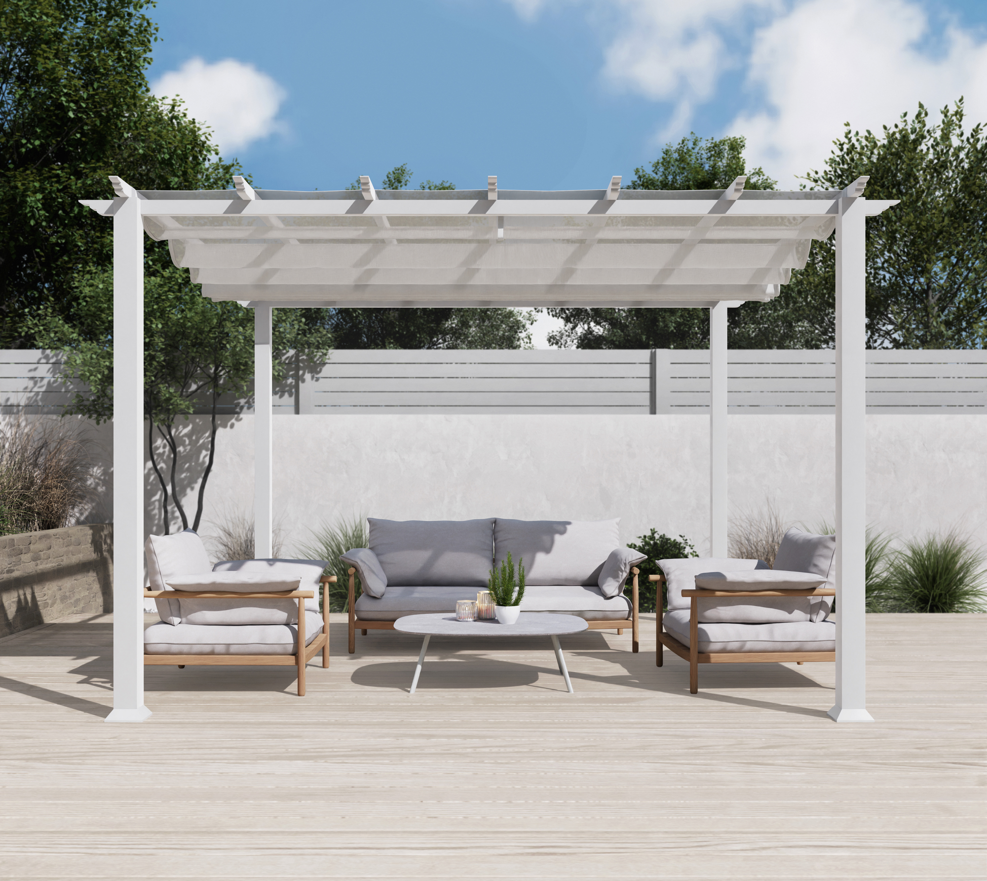 Paragon-Outdoor Pergola 'Florida 11 x 11' Aluminium weiß mit Sonnensegel 350 x 350 x 235 cm