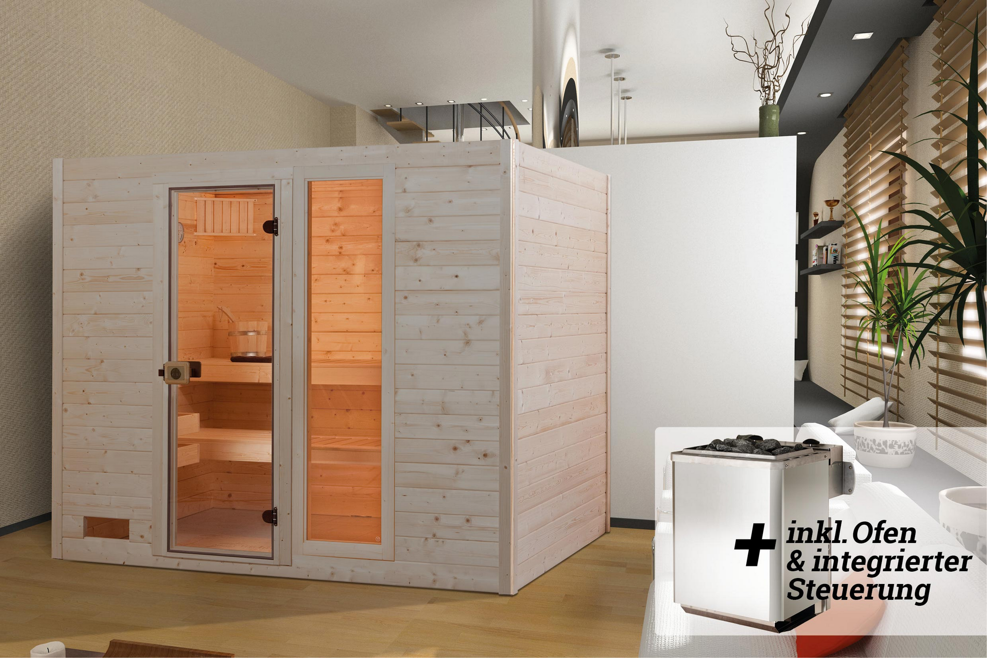 Weka Massivholz-Sauna 'Valida 4' mit 9 kW K-Ofenset, integrierter Steuerung, Glastür, Fenster 237 x 187 x 203,5 cm