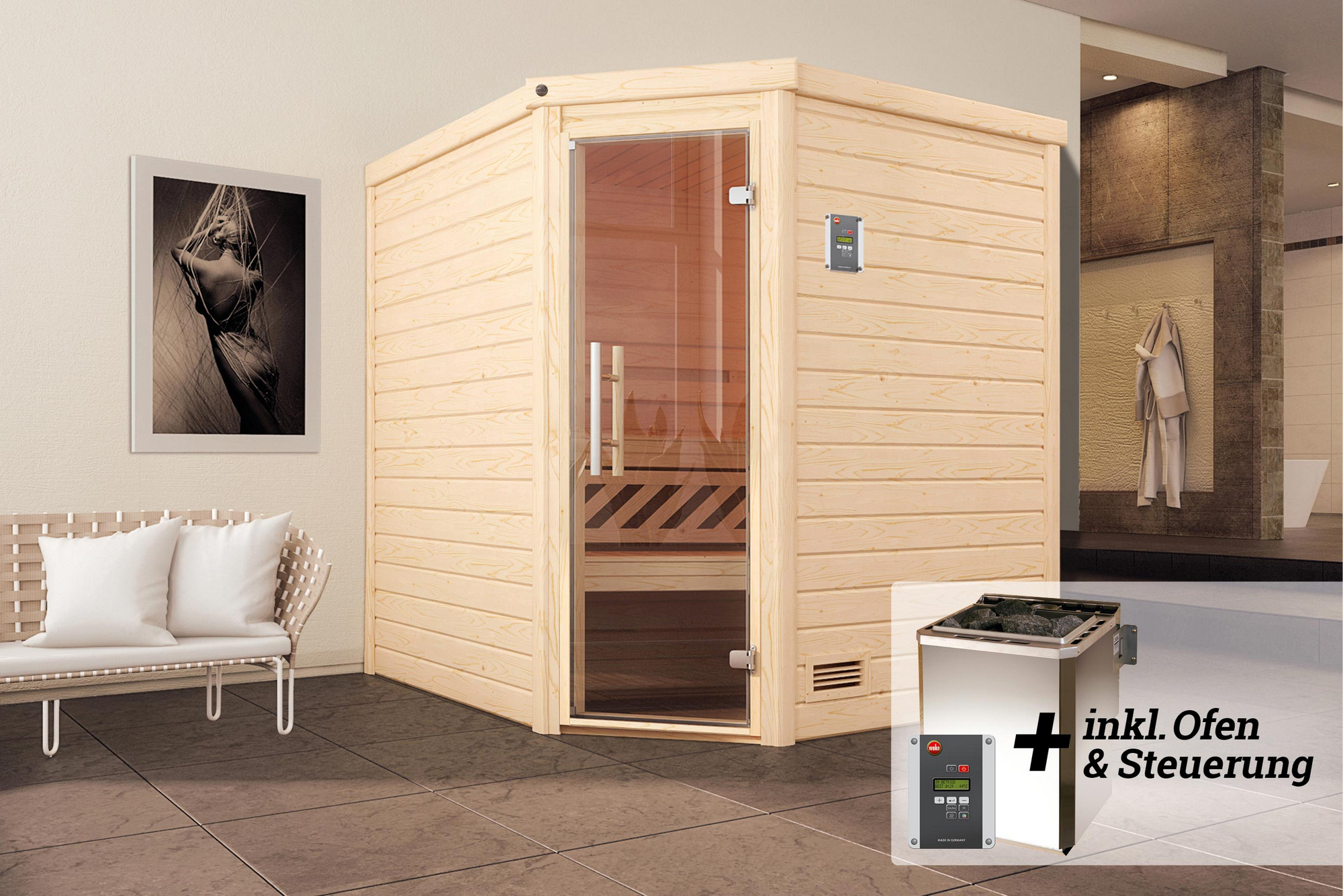 Weka Premium-Massivholzsauna 'Turku 2 Eck' mit 7,5 kW BioS-Ofenset, Steuerung, Glastür 188 x 188 x 205 cm