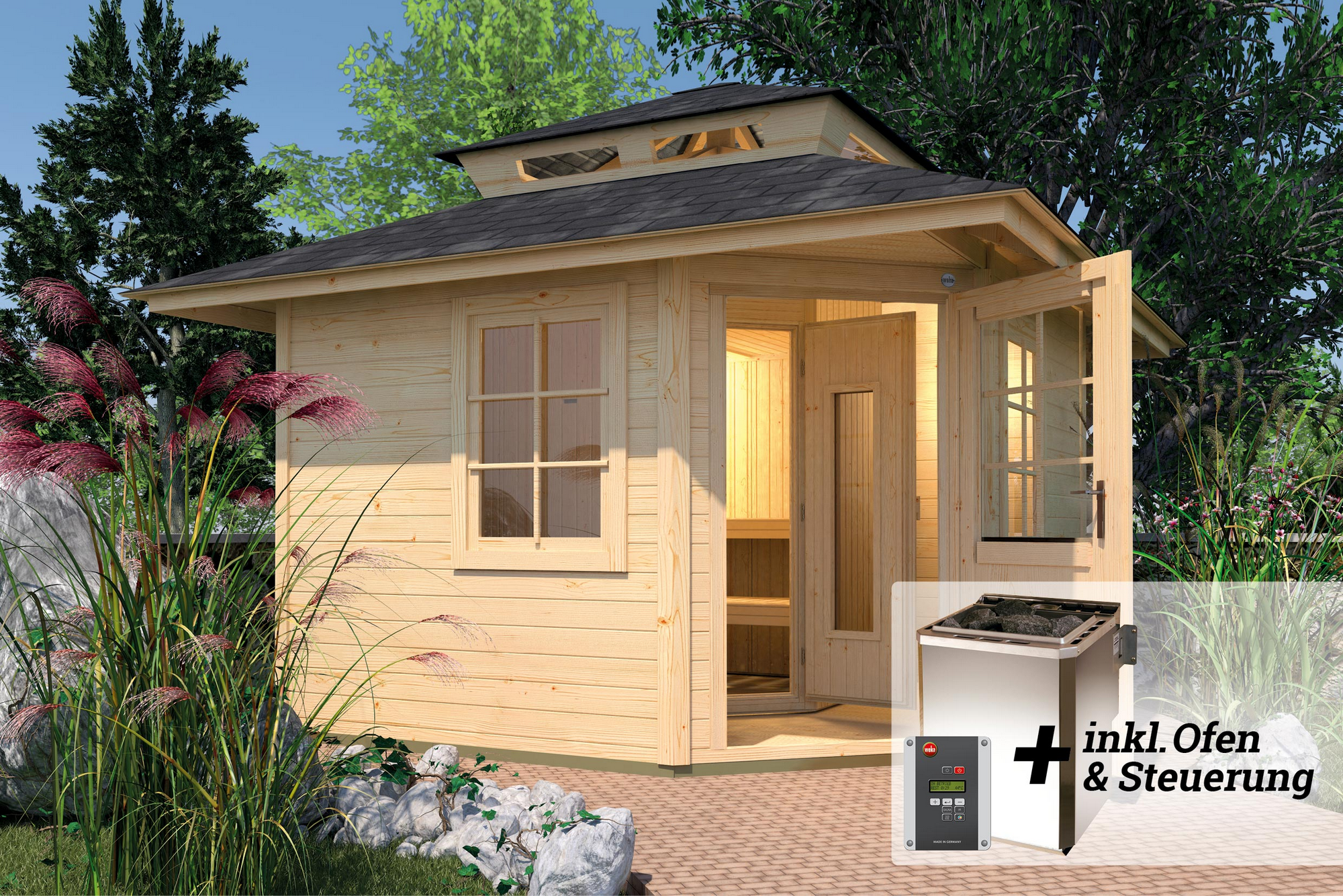 Weka Saunahaus 'Kurikka' mit Sauna Varberg 3 und 7,5 kW BioS-Ofenset, Steuerung 298 x 298 x 315 cm